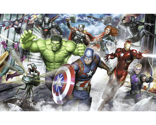 Fototapete Vlies DX8-173 Marvel Avengers Assemble 8-tlg. 250 x 400 cm Illustration der Avengers mit Hulk, Captain America, Iron Man, Thor, Black Widow, Hawkeye, Black Panther, Vision, War Machine, Ant-Man und Falcon vor Hochhäusern