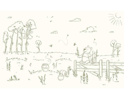 Fototapete Vlies DX8-193 Disney Winnie Pooh Bee at One 8-tlg. 250 x 400 cm Illustration von Winnie Puuh und Ferkel in einer Landschaft mit Bäumen und Honigtöpfen