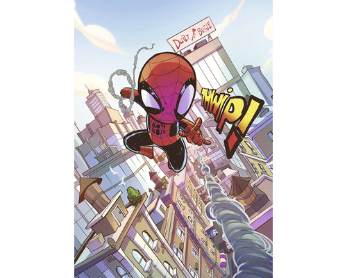 Comic-Illustration von Spider-Man, der sich durch eine Stadt schwingt, mit dem Daily Bugle Gebäude im Hintergrund