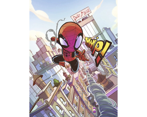 Illustration von Spiderman, der sich mit einem Netz durch eine Stadt schwingt
