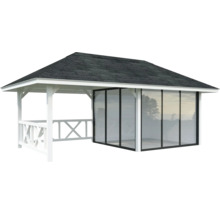 Weißer Pavillon mit Glasschiebewand und Ziegeldach