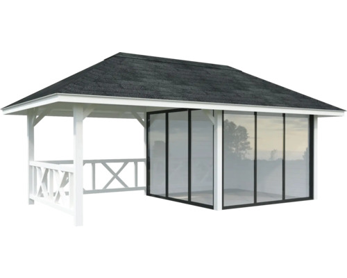 Weißer Pavillon mit Glasschiebewand und Ziegeldach