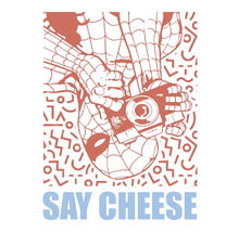 Illustration von Spider-Man, der mit einer Kamera fotografiert, mit dem Text ''Say Cheese''