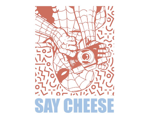 Illustration von Spider-Man, der mit einer Kamera fotografiert, mit dem Text ''Say Cheese''
