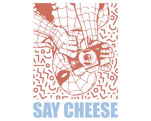 Spider-Man mit Kamera, Text: Say Cheese