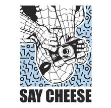 Illustration von Spider-Man, der mit einer Kamera kopfüber hängt