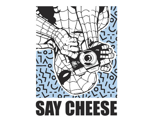 Illustration von Spider-Man, der mit einer Kamera kopfüber hängt