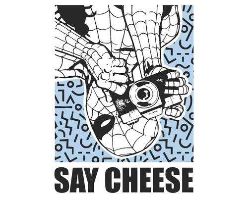 Spider-Man mit Kamera, Text: Say Cheese