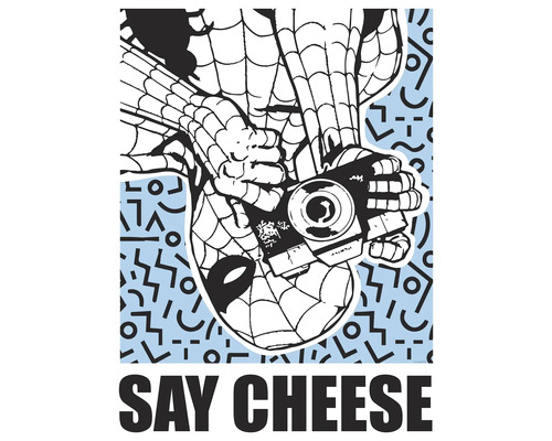 Illustration von Spider-Man, der eine Kamera hält und das Wort Say Cheese