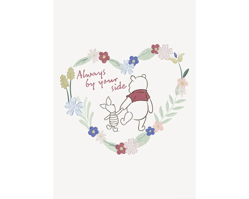 "Illustration von Winnie Puuh und Ferkel in einem Blumenherz mit dem Schriftzug ""Always by your side""."