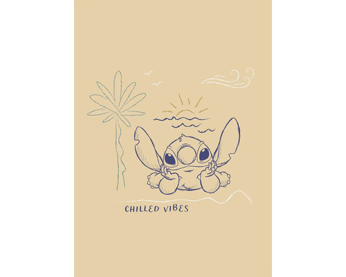 Illustration von Stitch am Strand mit dem Schriftzug Chilled Vibes
