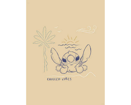 Illustration von Stitch am Strand mit der Aufschrift Chill Vibes