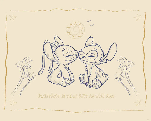 Zeichnung von Stitch und Angel, die sich berühren, mit der Aufschrift ''Jeder Tag ist dein Tag in der Sonne''.