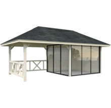 Gartenpavillon mit Holzzaun und Glaswänden