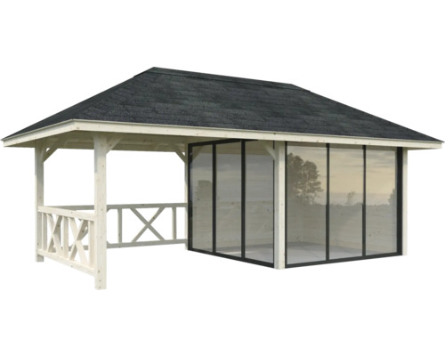 Gartenpavillon mit Holzzaun und Glaswänden