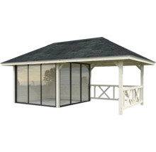 Gartenpavillon mit geschlossenem und offenem Bereich, Holzkonstruktion und Dachschindeln