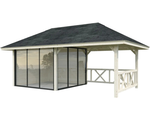 Gartenpavillon mit geschlossenem und offenem Bereich, Holzkonstruktion und Dachschindeln
