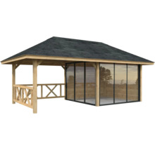 Holzpavillon mit Dach und Glasschiebetüren