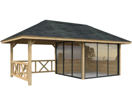Holzpavillon mit Dach und Glasschiebetüren