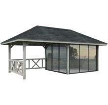 Holzpavillon mit Dach und Glaswänden für den Garten