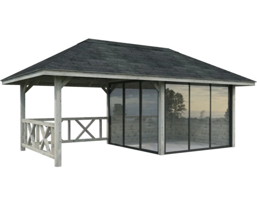 Holzpavillon mit Dach und Glaswänden für den Garten