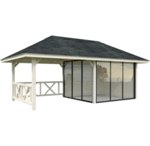 Pavillon mit Glasschiebewänden und Holzelementen