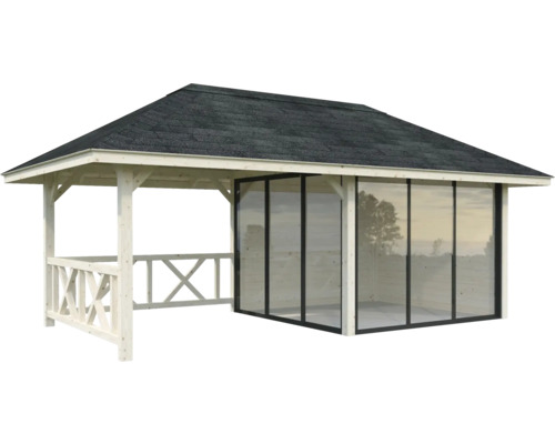 Pavillon mit Glasschiebewänden und Holzelementen