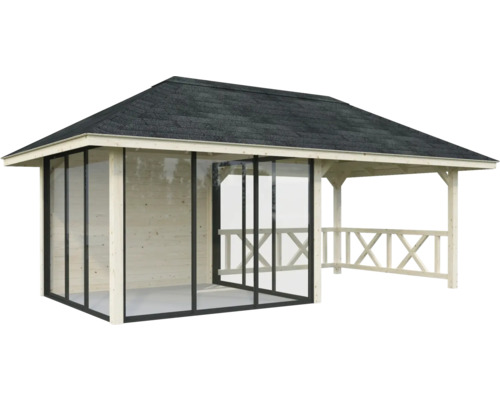 Gartenhaus mit Glasschiebewänden und Holzzaun