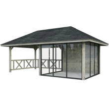 Holzpavillon mit Dach und Glasschiebewänden