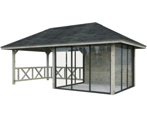 Holzpavillon mit Dach und Glasschiebewänden