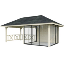 Holzpavillon mit Glaswänden und Dachpappe
