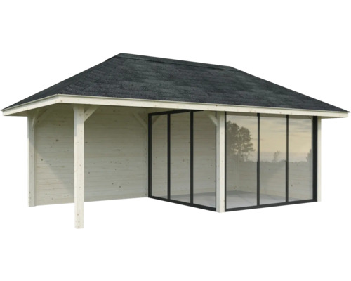 Holz Gartenhaus mit Glasfront und überdachtem Bereich
