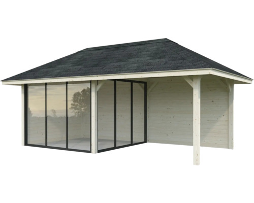 Holzgartenhaus mit Schiebetüren und Dachpappe