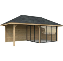 Holzgartenhaus mit Schiebetüren und überdachter Terrasse