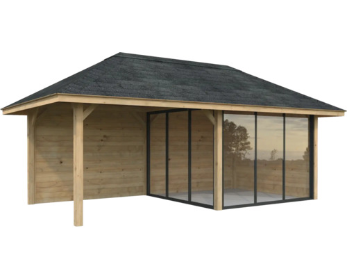 Holzgartenhaus mit Schiebetüren und überdachter Terrasse