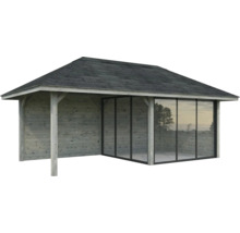 Holz Gartenhaus mit Dach und Glasschiebetüren