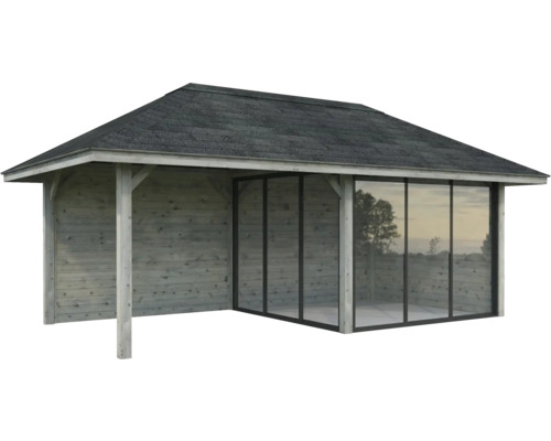 Holz Gartenhaus mit Dach und Glasschiebetüren