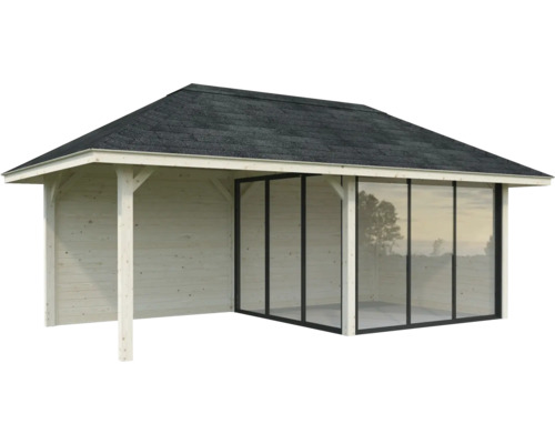 Holzgartenhaus mit Glasfront und Dach