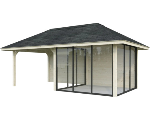 Holzpavillon mit Dach und Fenstern
