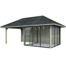Holzgartenhaus mit Glasfront und Schindeldach