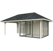 Holzpavillon mit Glasschiebewänden und Dachschindeln