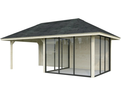 Holzpavillon mit Glasschiebewänden und Dachschindeln