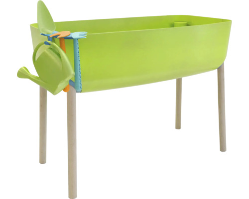 Hochbeet aus Kunststoff mit Holzbeinen und Gartengeräte-Set