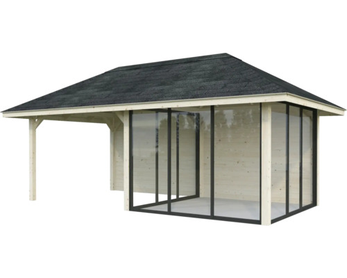 Gartenhaus aus Holz mit Glasfront und überdachter Veranda
