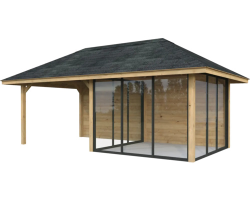 Holzpavillon mit Dach und Glaswänden