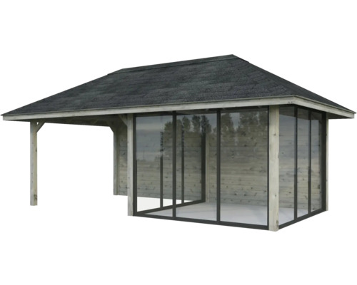 Holzpavillon mit Dach und Glasfronten