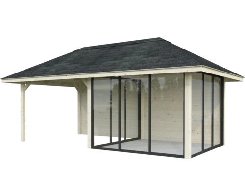 Holzpavillon mit Dach und Fensterelementen