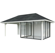 Freistehender Pavillon mit Dach und Glaselementen für den Garten.