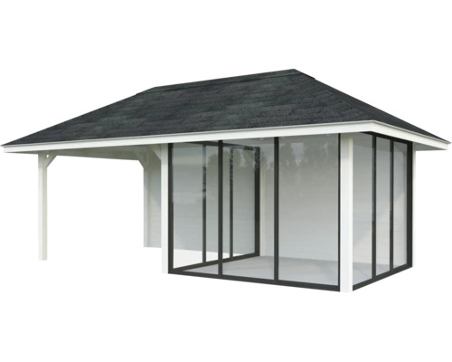 Freistehender Pavillon mit Dach und Glaselementen für den Garten.