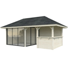 Holzpavillon mit Schiebetüren und Dach